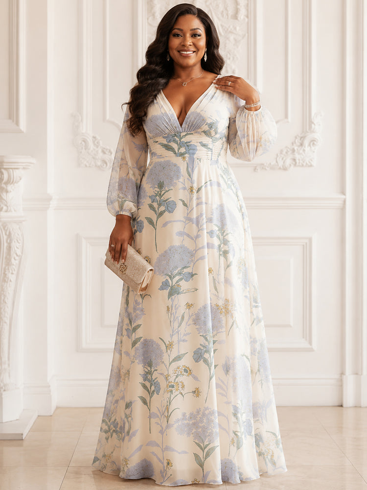 Chiffon Floral A-Line V Neck Long Plus Size Mother of the Bride Dresses with Pleats
