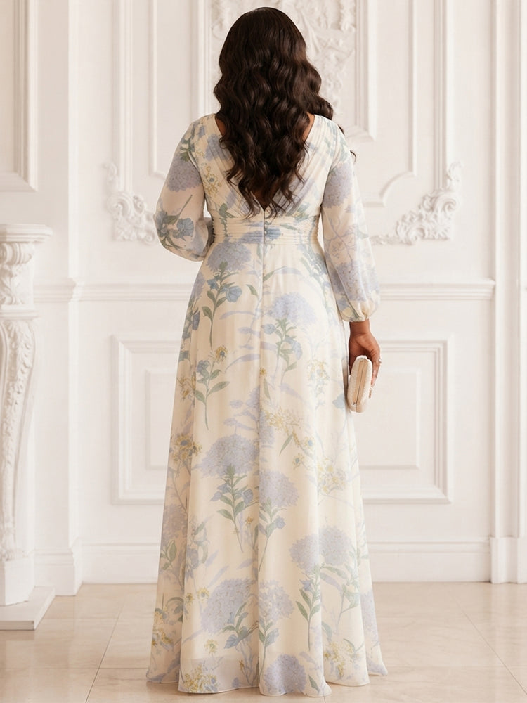 Chiffon Floral A-Line V Neck Long Plus Size Mother of the Bride Dresses with Pleats