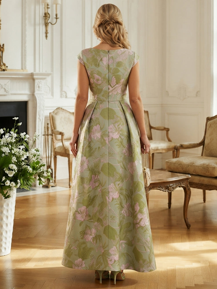 Jacquard A-Line Scoop Neck Long Mother of the Bride Dresses with Pleats