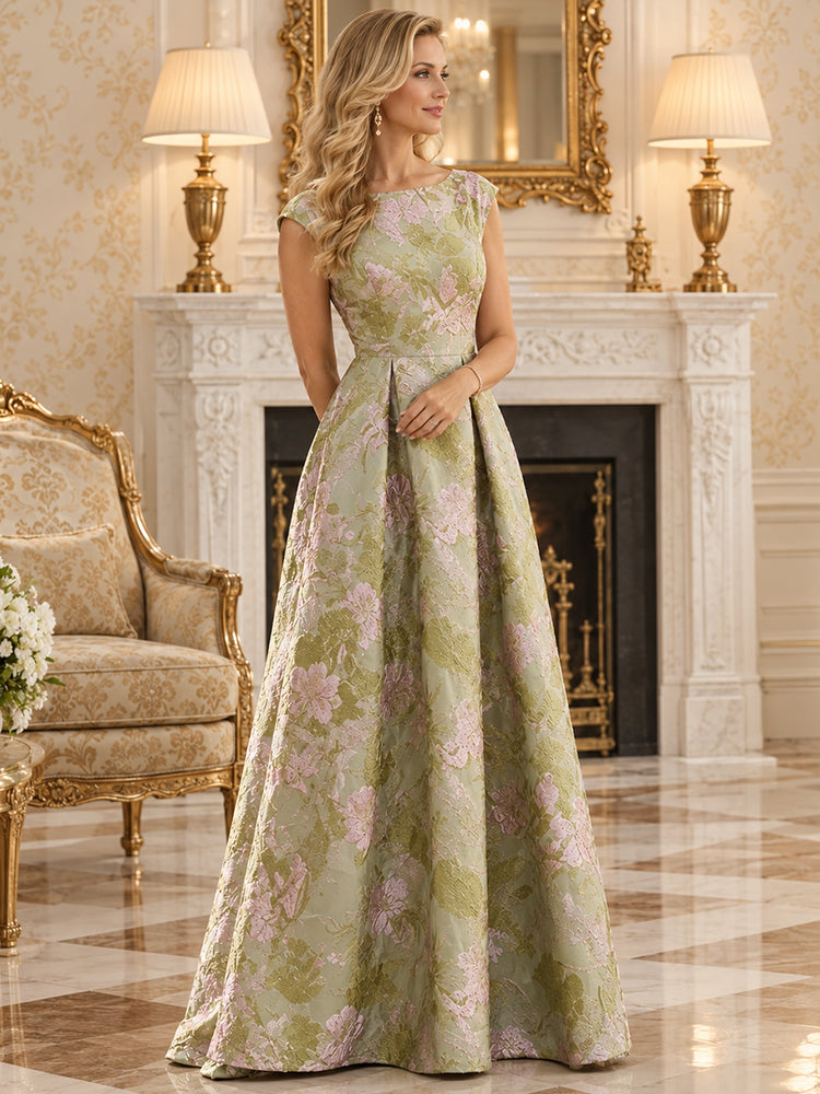 Jacquard A-Line Scoop Neck Long Mother of the Bride Dresses with Pleats