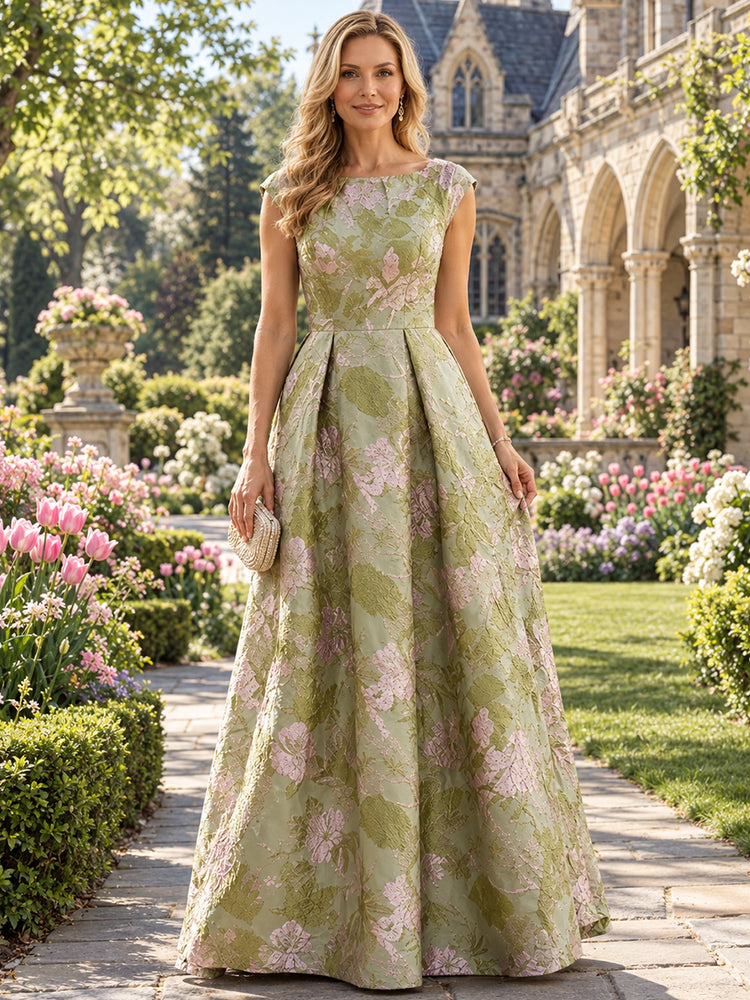 Jacquard A-Line Scoop Neck Long Mother of the Bride Dresses with Pleats
