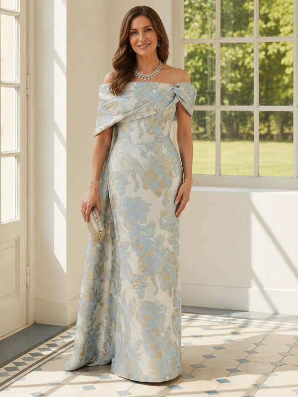 Jacquard Sheath Off the Shoulder Long Mother of the Bride Dresses with Scarf