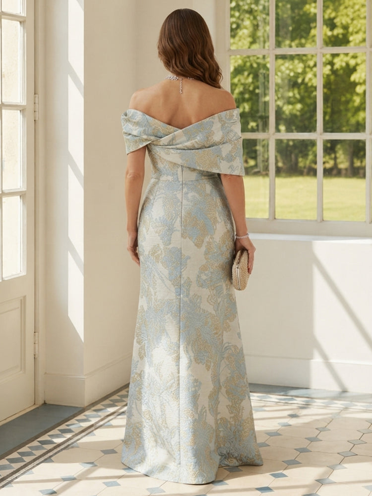 Jacquard Sheath Off the Shoulder Long Mother of the Bride Dresses with Scarf