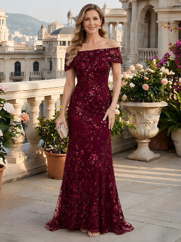 Tulle Mermaid Off the Shoulder Long Mother of the Bride Dresses with Sequin Embroidery