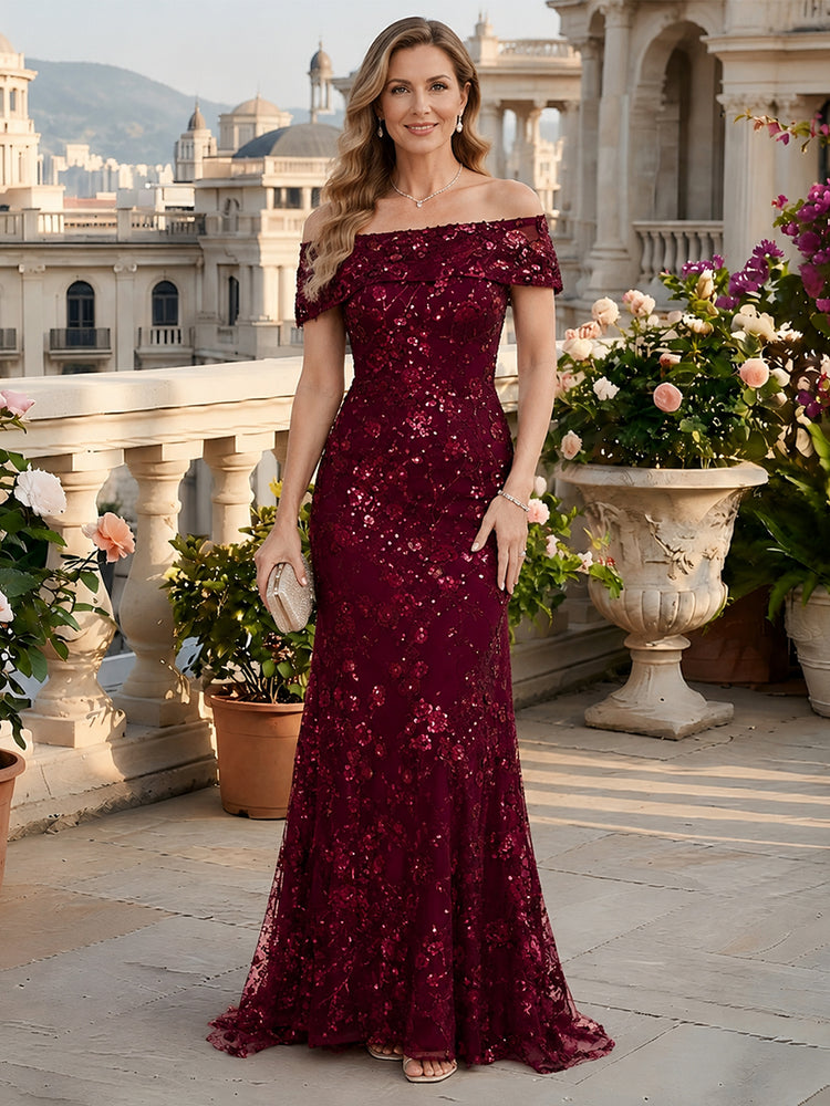Tulle Mermaid Off the Shoulder Long Mother of the Bride Dresses with Sequin Embroidery