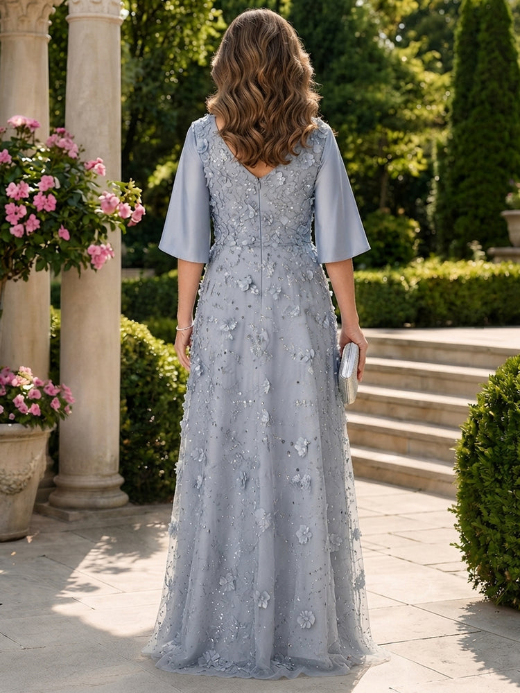 Satin A-Line V Neck Long Mother of the Bride Dresses with 3D Flowers