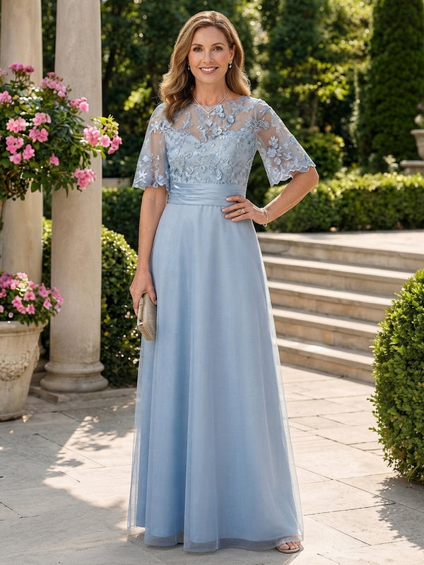 Tulle A-Line Jewel Neck Long Mother of the Bride Dresses with Applique