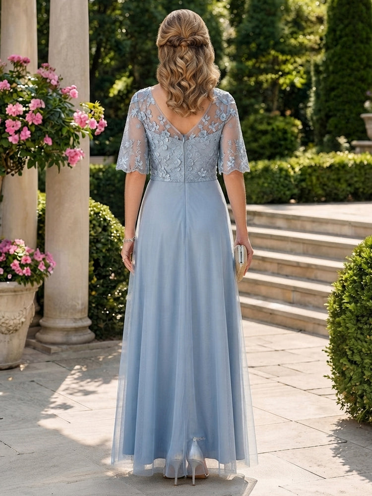Tulle A-Line Jewel Neck Long Mother of the Bride Dresses with Applique