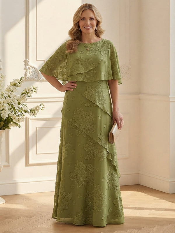 Mesh A-Line Scoop Neck Long Mother of the Bride Dresses with Floral