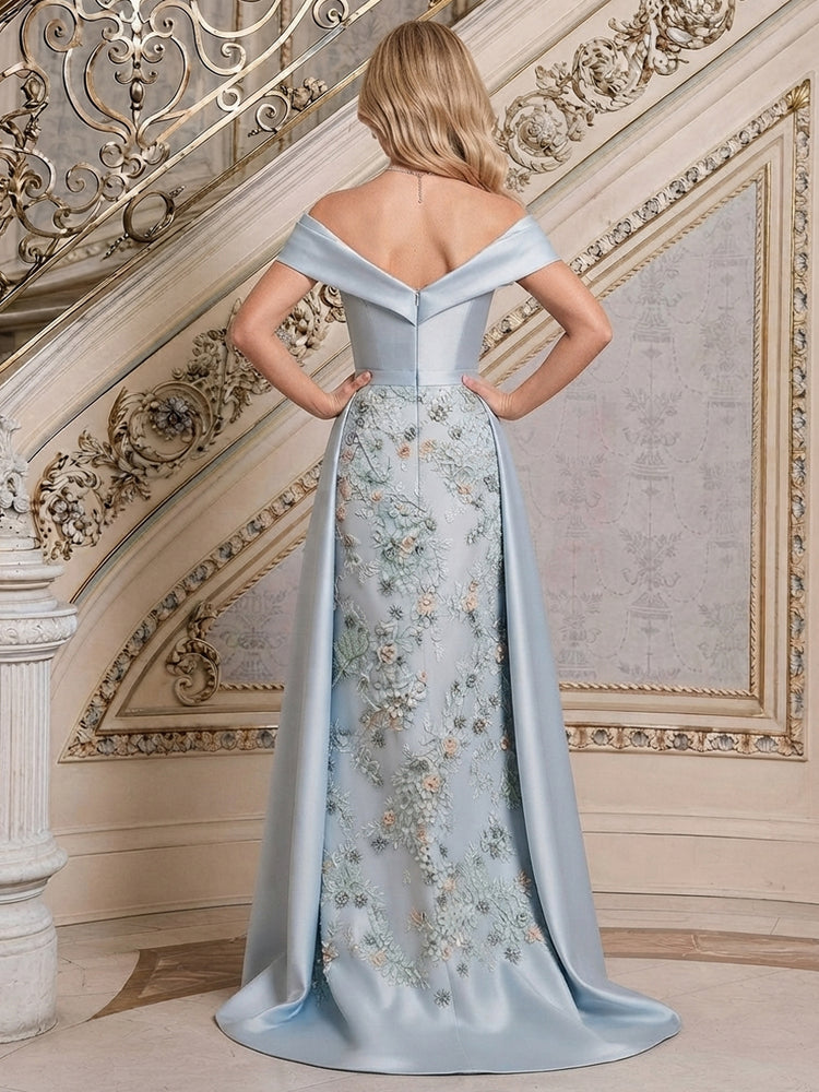 Satin A-Line Off the Shoulder Long Mother of the Bride Dresses with Floral Embroidery