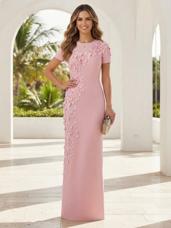 Jersey Sheath Scoop Neck Long Mother of the Bride Dresses with 3D Flowers