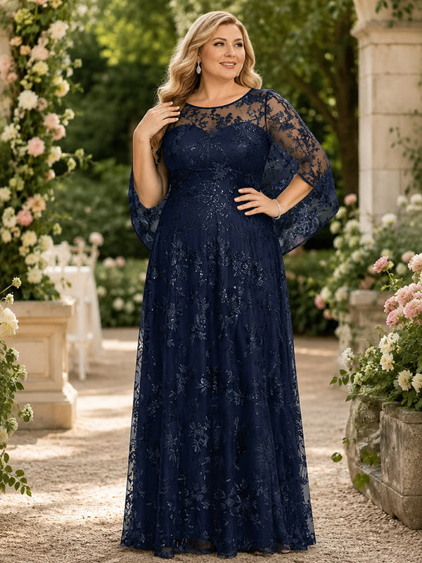 Tulle A-Line Jewel Neck Long Plus Size Mother of the Bride Dresses with Sequin Embroidery