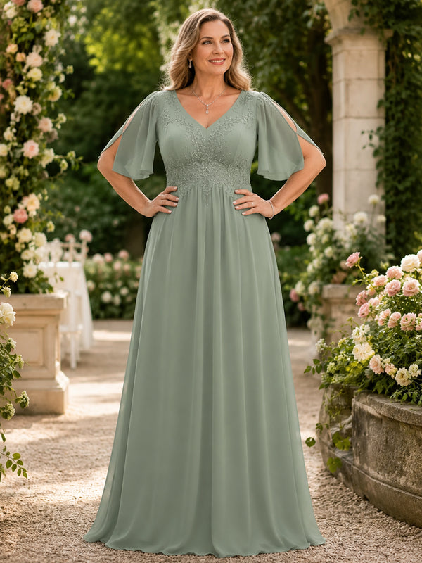 Chiffon A-Line V Neck Long Plus Size Mother of the Bride Dresses with Applique