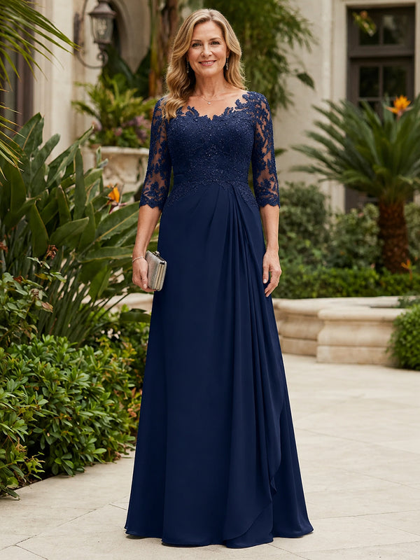 Chiffon A-Line Jewel Neck Long Mother of the Bride Dresses with Applique