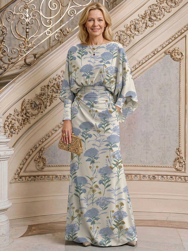 Floral A-Line Scoop Neck Long Mother of the Bride Dresses with Ruffles