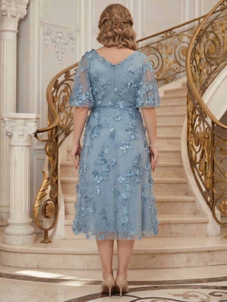Tulle A-Line Scoop Neck Tea Length Plus Size Mother of the Bride Dresses with 3D Flowers