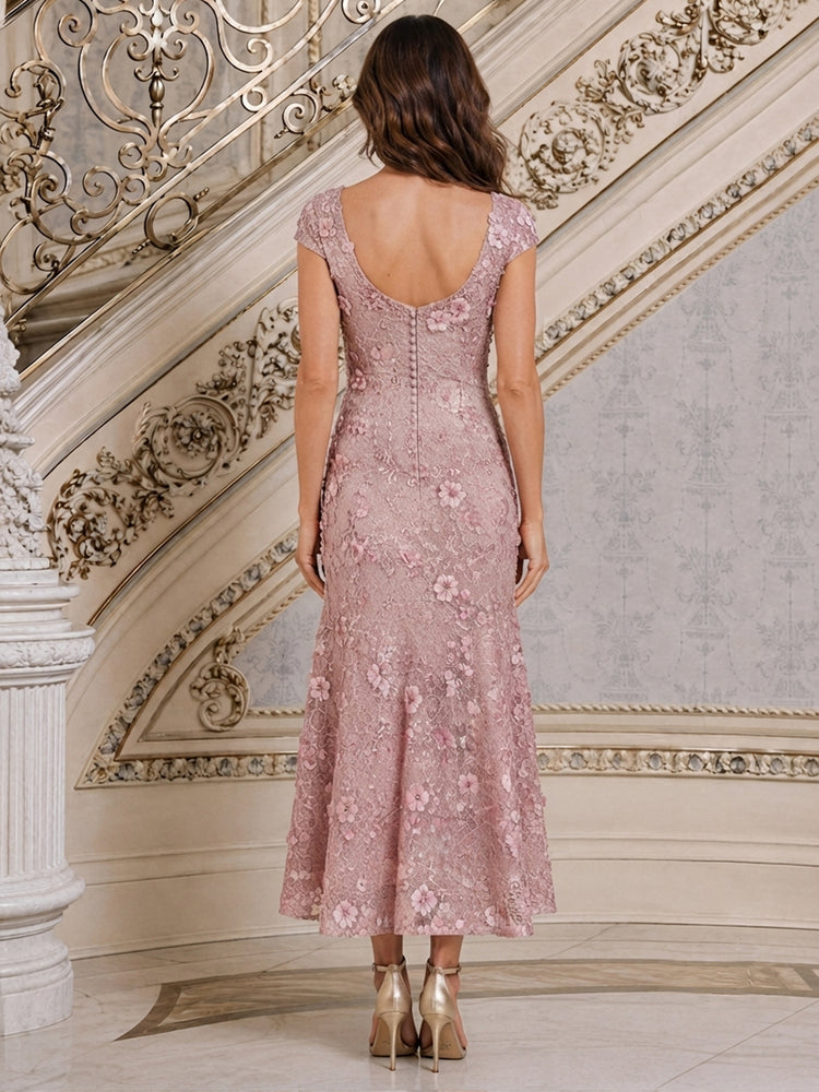 Mesh Mermaid Scoop Neck Long Mother of the Bride Dresses with 3D Flowers