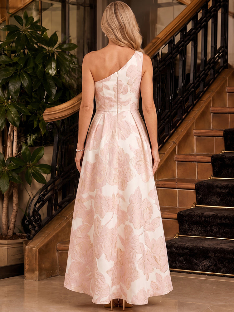 Jacquard A-Line One Shoulder Long Mother of the Bride Dresses with Pocket