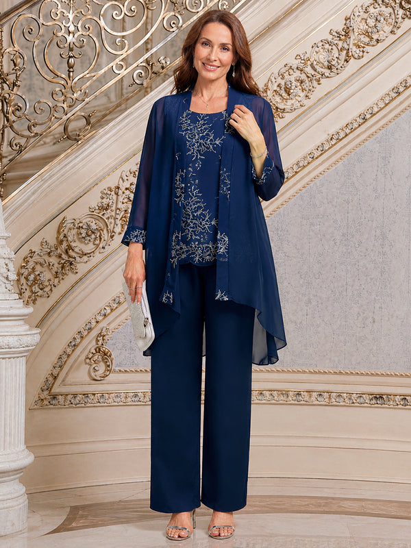 Chiffon Pantsuit Scoop Neck Long Mother of the Bride Dresses with Applique