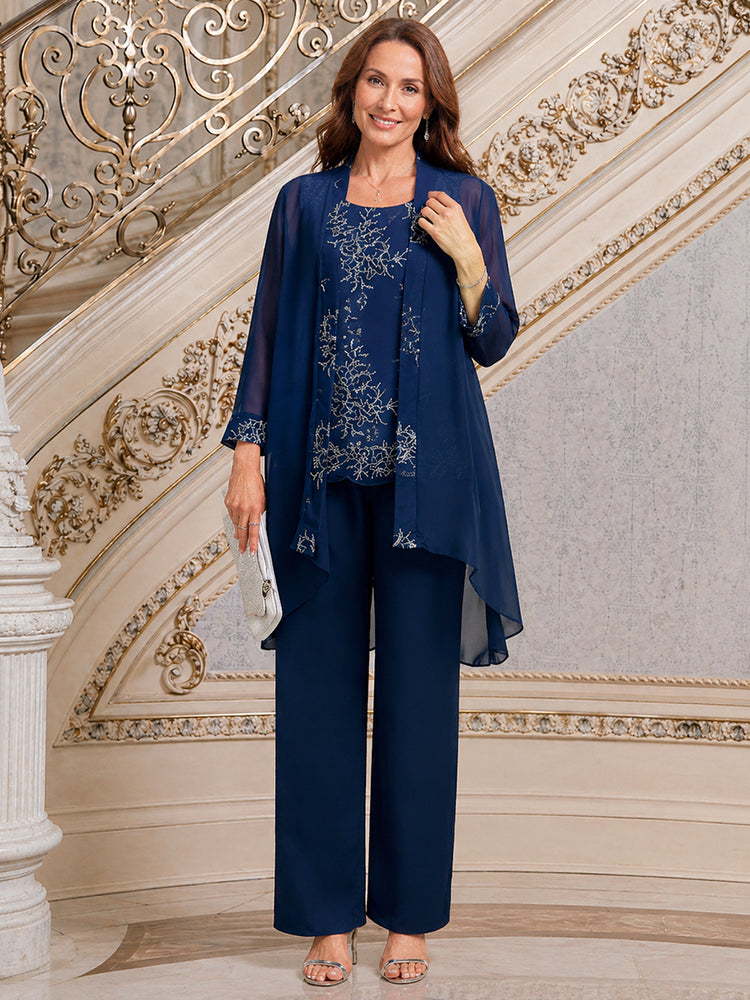 Chiffon Pantsuit Scoop Neck Long Mother of the Bride Dresses with Applique