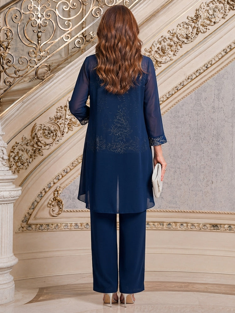 Chiffon Pantsuit Scoop Neck Long Mother of the Bride Dresses with Applique