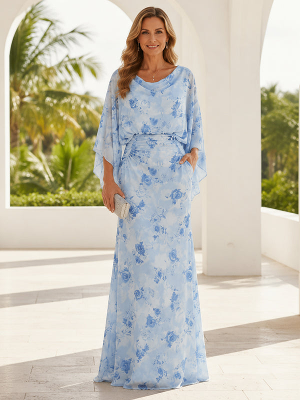 Chiffon Floral Mermaid Scoop Neck Long Mother of the Bride Dresses with Ruffles