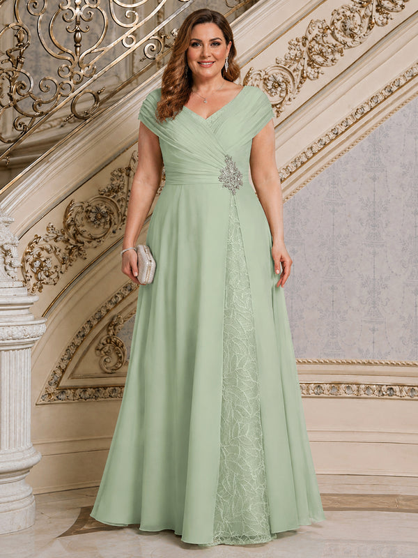 Chiffon A-Line V Neck Long Plus Size Mother of the Bride Dresses with Rhinestone