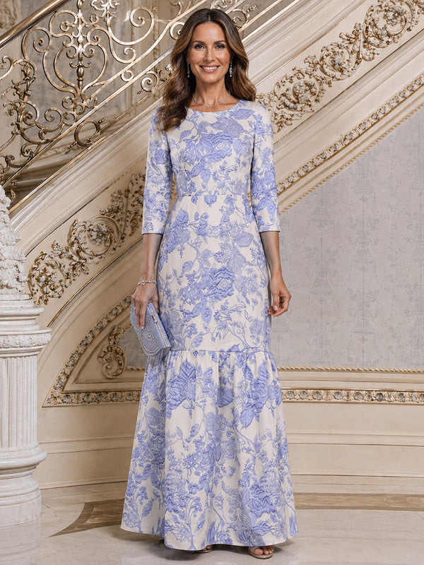 Jacquard Mermaid Scoop Neck Long Mother of the Bride Dresses with Ruffles