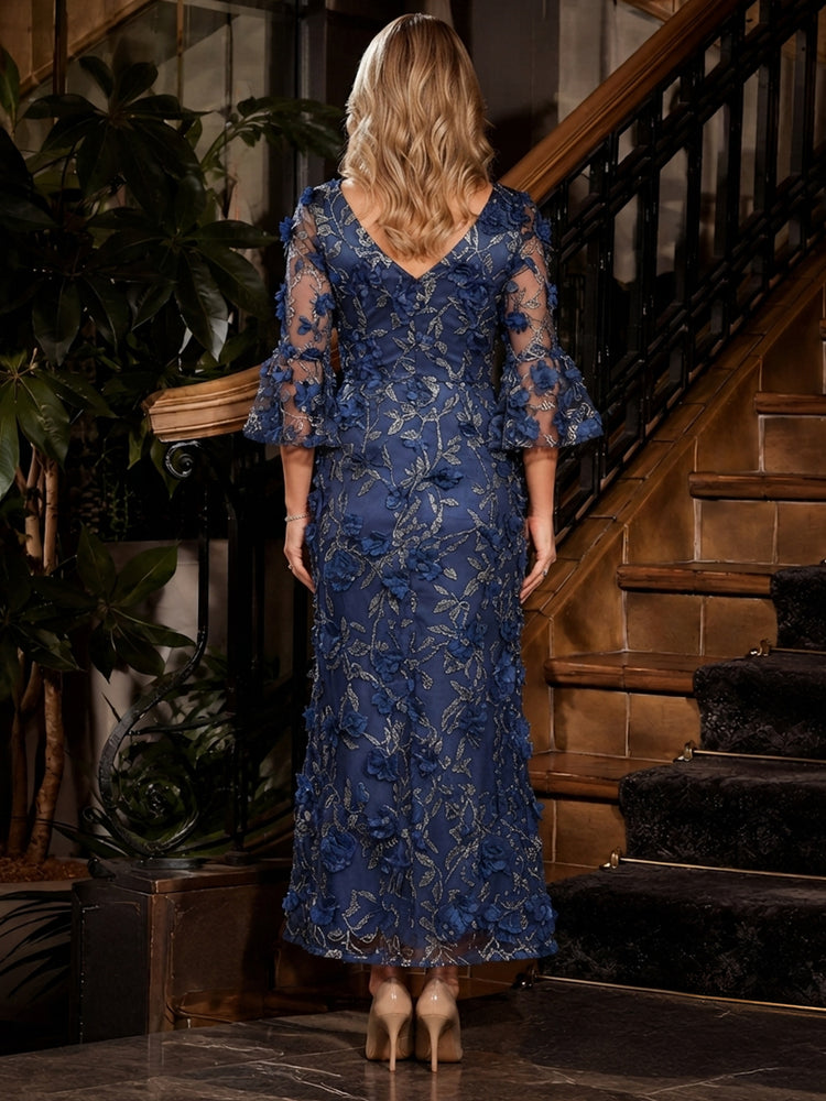 Tulle Mermaid V Neck Long Mother of the Bride Dresses with 3D Flowers