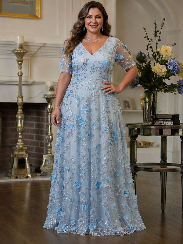 Tulle A-Line V Neck Long Plus Size Mother of the Bride Dresses with 3D Flowers