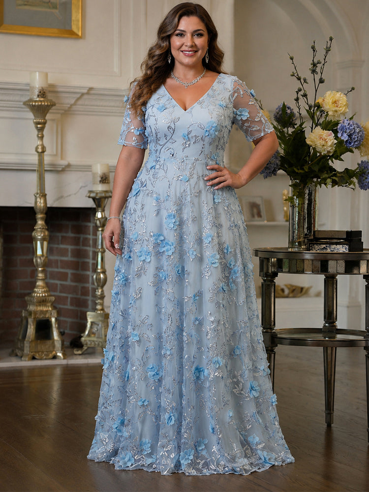 Tulle A-Line V Neck Long Plus Size Mother of the Bride Dresses with 3D Flowers