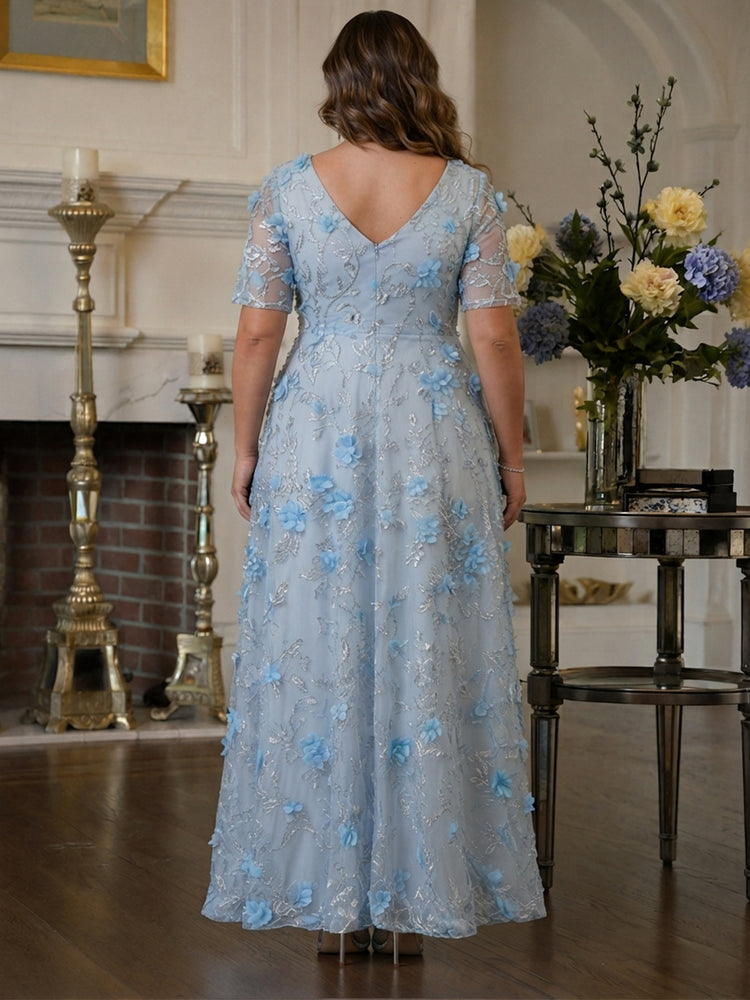 Tulle A-Line V Neck Long Plus Size Mother of the Bride Dresses with 3D Flowers