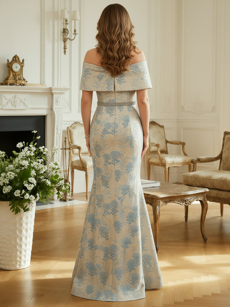 Jacquard Mermaid Off the Shoulder Long Mother of the Bride Dresses with Rhinestone