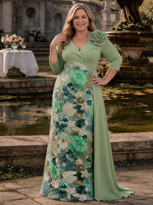 Satin Chiffon A-Line V Neck Plus Size Mother of the Bride Dresses with Floral Embroidery