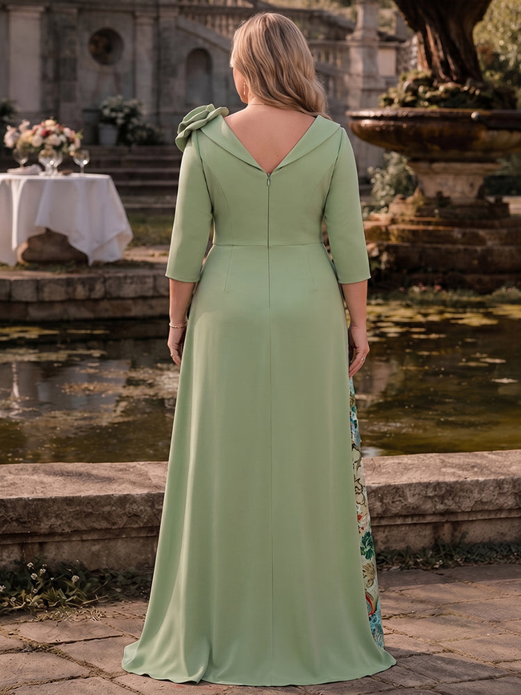 Satin Chiffon A-Line V Neck Plus Size Mother of the Bride Dresses with Floral Embroidery
