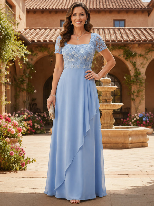 Chiffon A-Line Square Neck Long Mother of the Bride Dresses with 3D Flowers