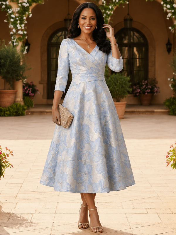 Jacquard A-Line V Neck Tea Length Mother of the Bride Dresses with Pleats