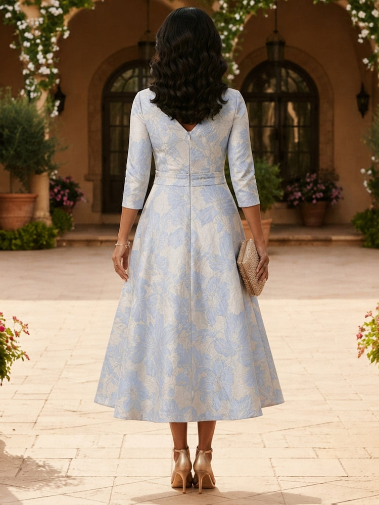 Jacquard A-Line V Neck Tea Length Mother of the Bride Dresses with Pleats