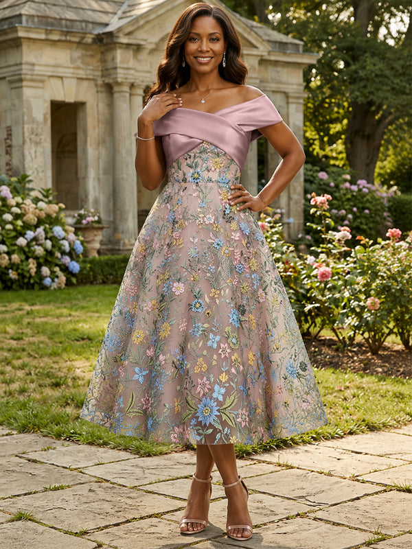 Tulle A-Line Off the Shoulder Tea Length Mother of the Bride Dresses with Floral Embroidery