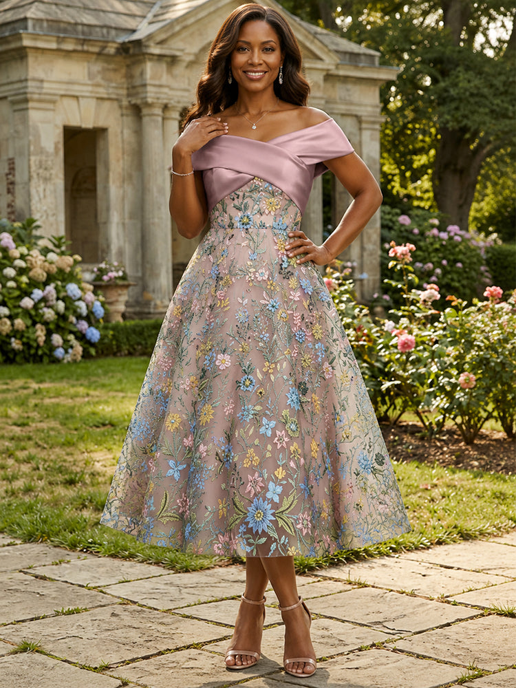 Tulle A-Line Off the Shoulder Tea Length Mother of the Bride Dresses with Floral Embroidery