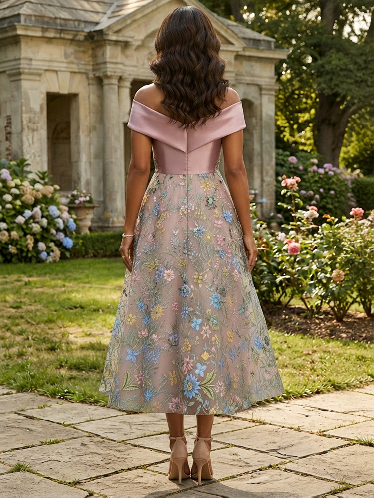 Tulle A-Line Off the Shoulder Tea Length Mother of the Bride Dresses with Floral Embroidery