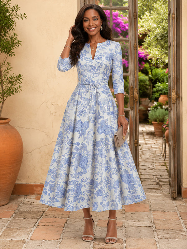 Jacquard A-Line V Neck Tea Length Mother of the Bride Dresses with Pleats
