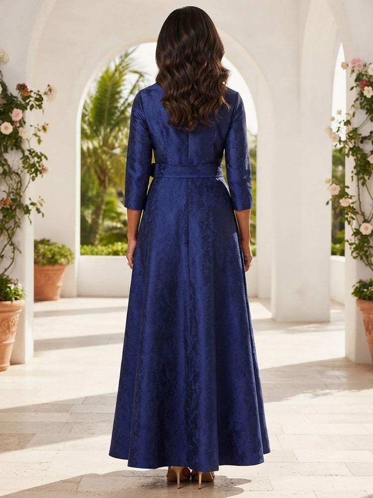 Jacquard A-Line V Neck Long Mother of the Bride Dresses with Pleats