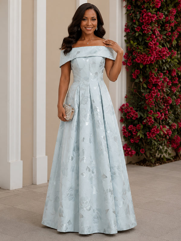 Jacquard A-Line Off the Shoulder Long Mother of the Bride Dresses with Pleats
