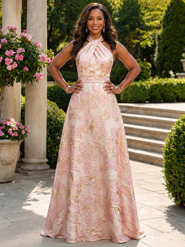 Jacquard A-Line Criss Cross Long Mother of the Bride Dresses with Corset