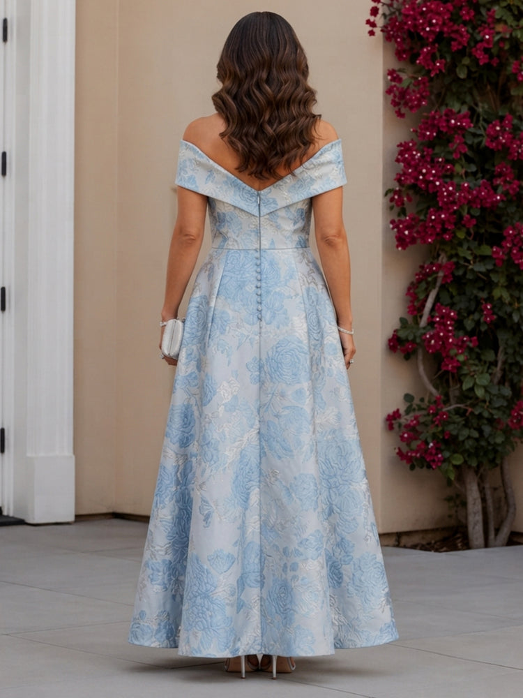 Jacquard A-Line Off the Shoulder Long Mother of the Bride Dresses with Pleats