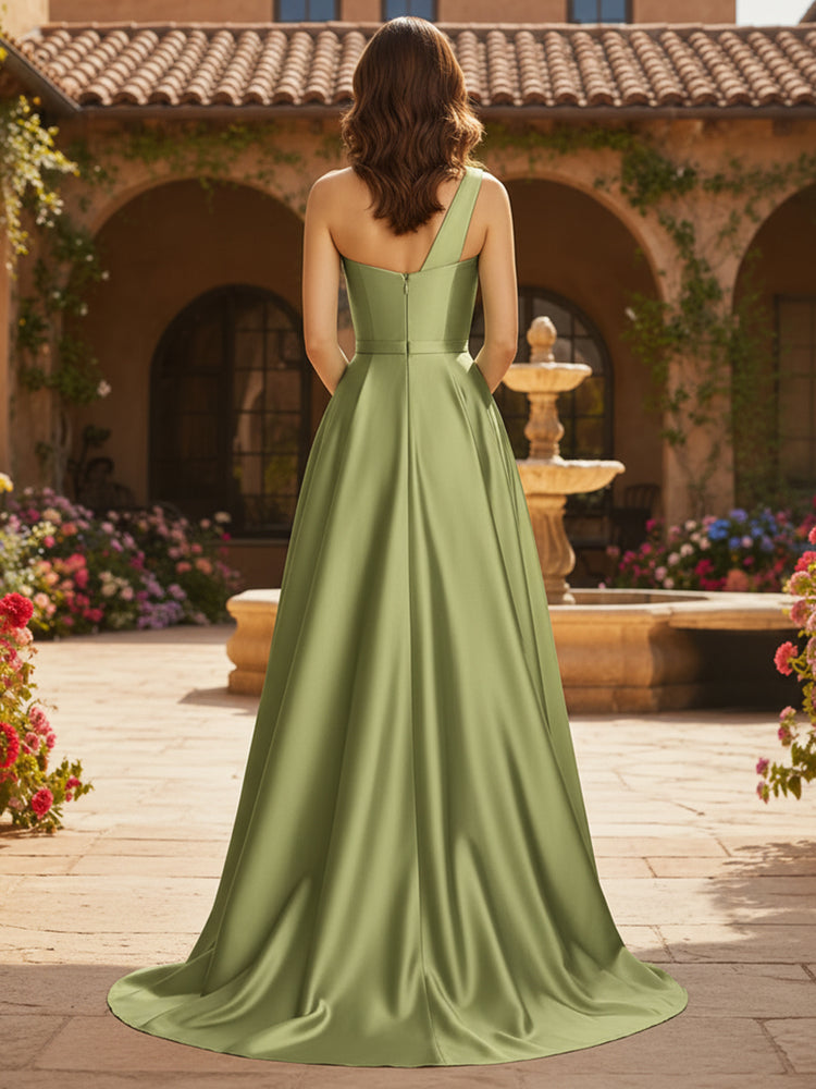 Satin A-Line One Shoulder Long Mother of the Bride Dresses with Floral Embroidery