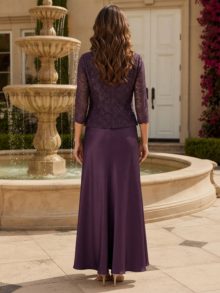 Satin A-Line Square Neck Long Mother of the Bride Dresses with Lace Applique