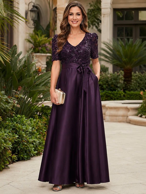 Satin A-Line V Neck Long Mother of the Bride Dresses with Lace Applique