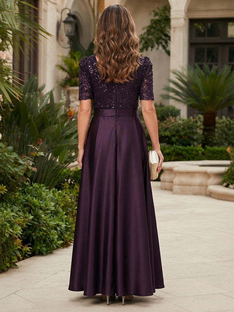 Satin A-Line V Neck Long Mother of the Bride Dresses with Lace Applique